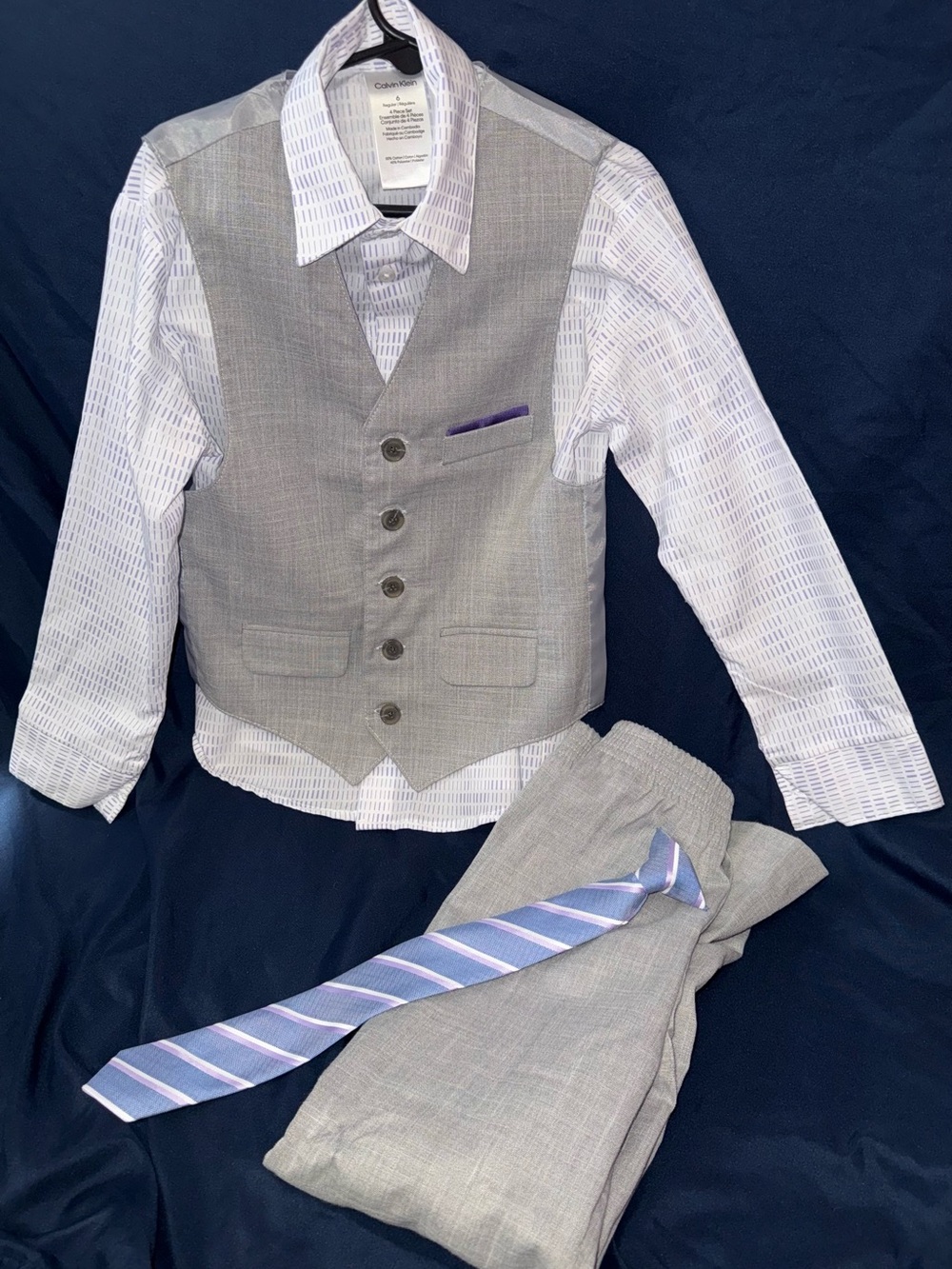 Calvin Klein Light Gray Boys' Dress Vest & Pants with Purple Tie (4 piece)